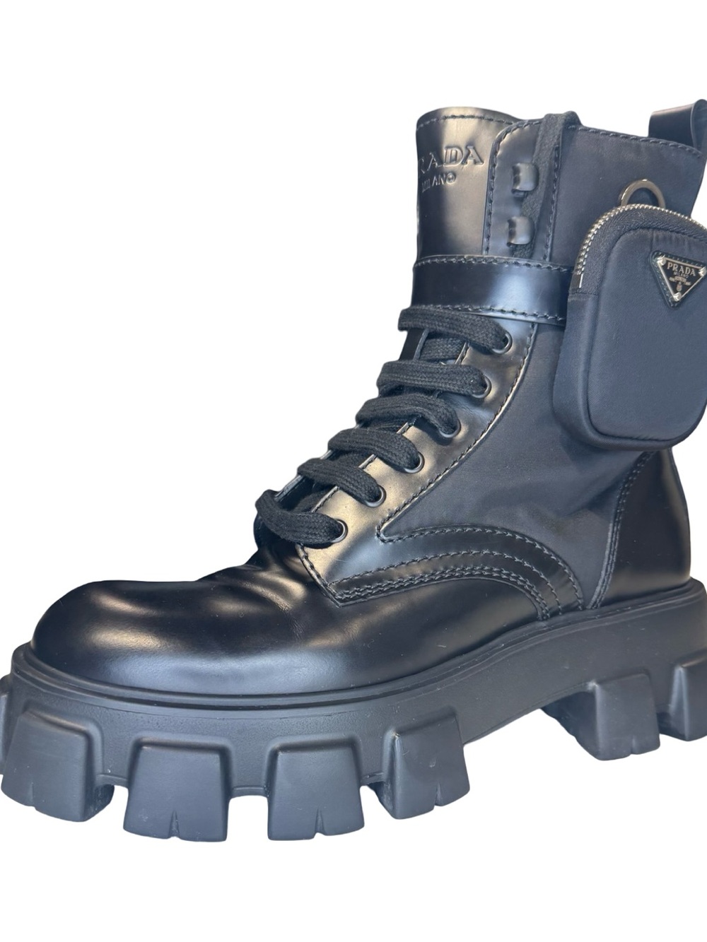 PRADA MONOLITH BRUSHED LEATHER AND RE-NYLON BOOTS WITH POUCH